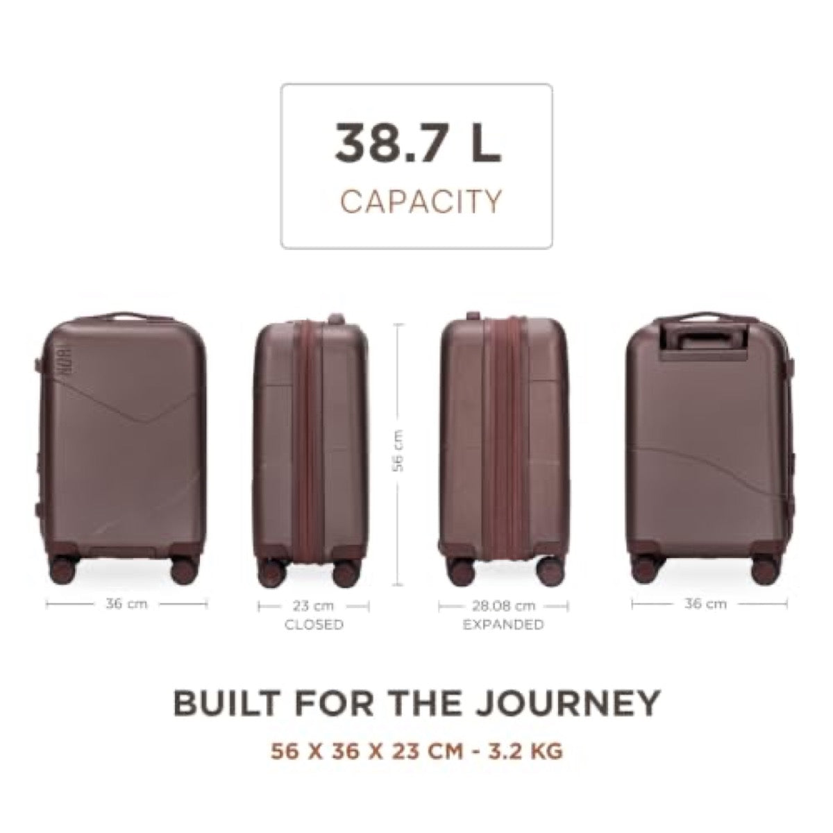 Cabin sized, packs for 3–5 days